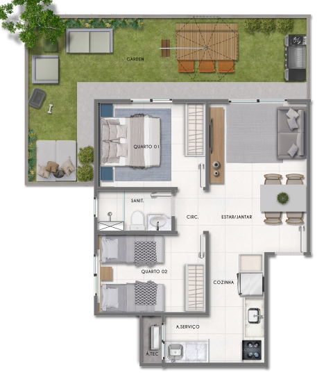 Planta do living de 2 quartos com 44,02 m² com área privativa